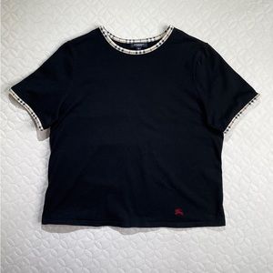 Burberry London Nova Check Piping Trim Stretch Black T-Shirt Size S